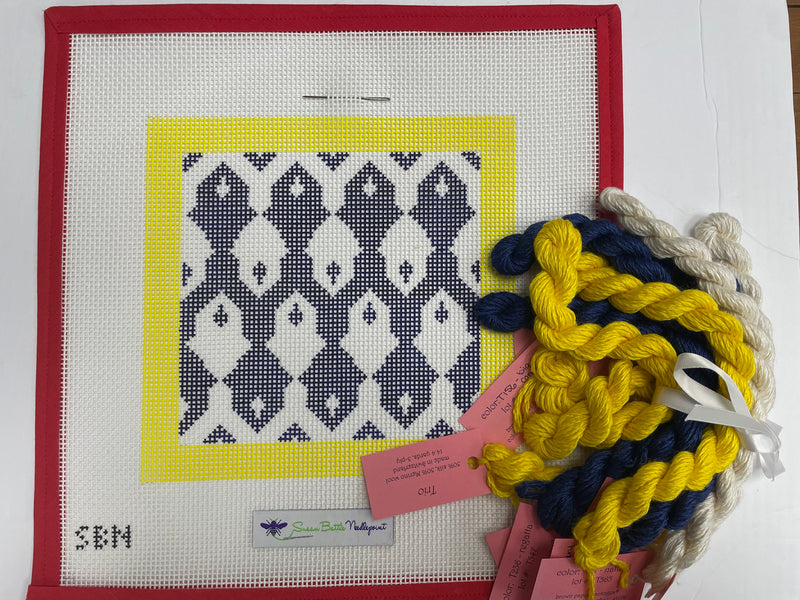 Blue and White Geometric with Yellow Border