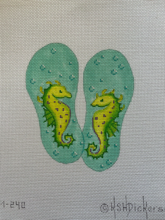 Mini Flip Flop – Seahorses with Bubbles – greens & lavender on Caribbean (stitch guide available)