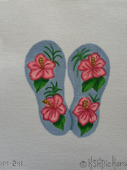 Mini Flip Flop – Hibiscus – raspberry pinks & greens on light periwinkle (stitch guide available)