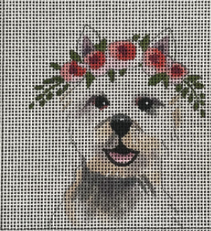 White Dog with Floral Crown