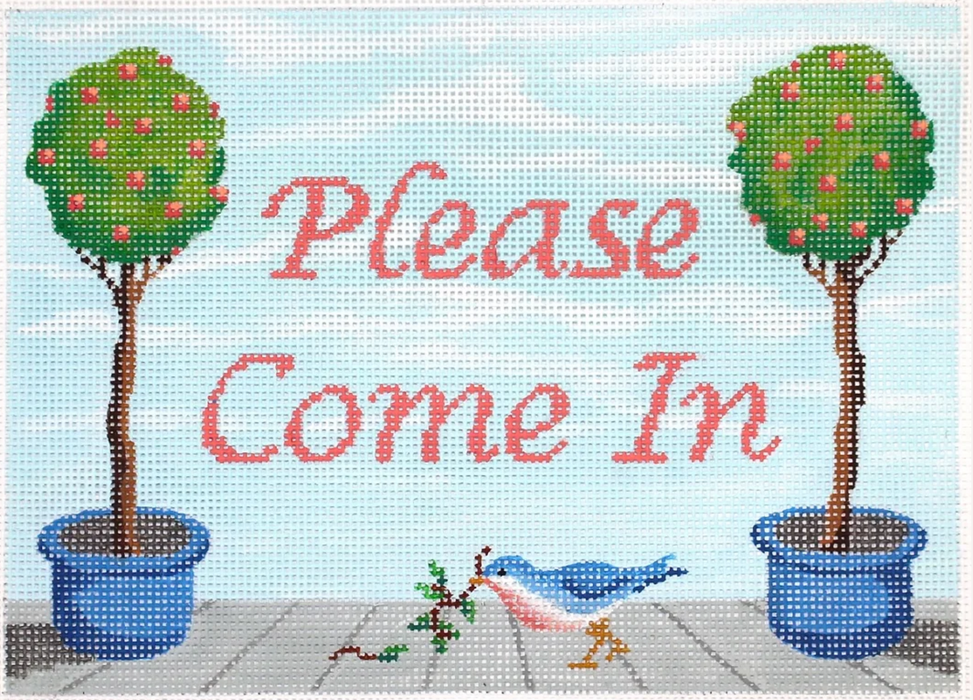 "Please Come In" Topiaries in Blue Pots & Bluebird w/Coral Lettering on Sky