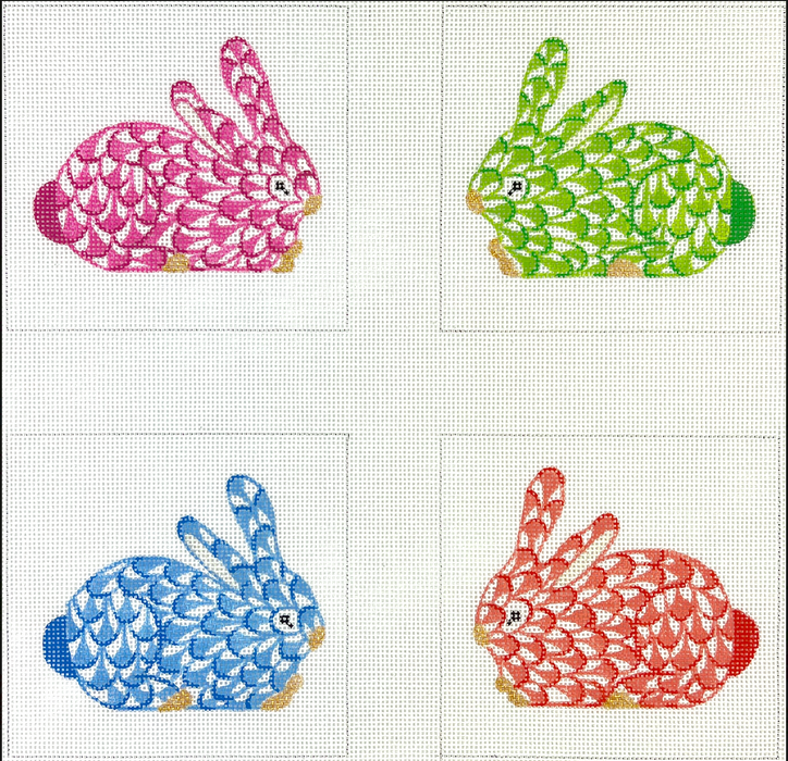 Set of 4 Coasters- Fishnet Crouching Bunnies- blues, greens, pinks & cinnabars