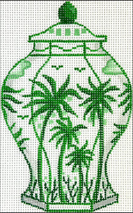 Mini Chinese Vase - Tall Green & White w/Palm Trees & Coconuts