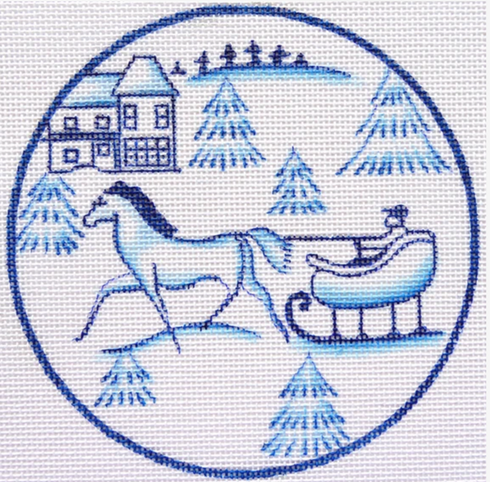 Toile Blue Horse and Sled ornament