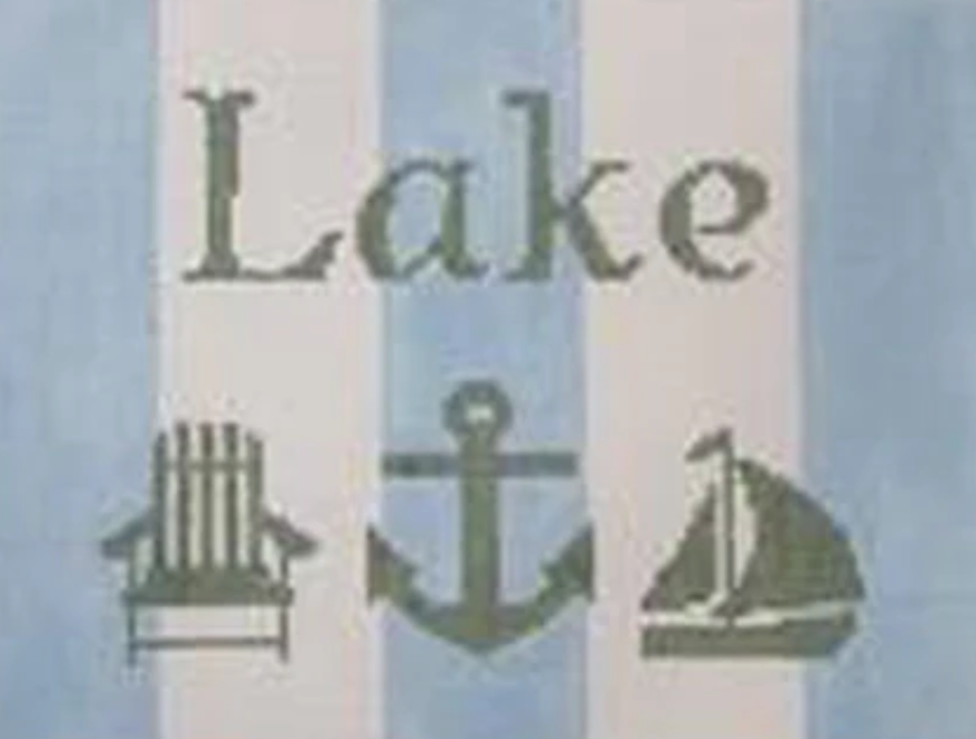 Lake with Adirondack chair, anchor, and sailboat - Green, Pale Blue, White