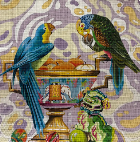 parrots with fruit bowl