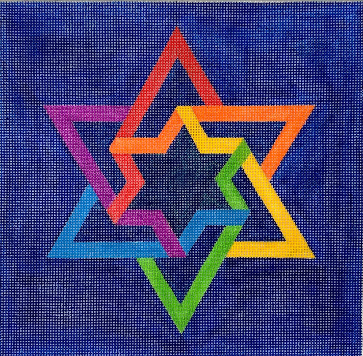Tefillin Bag – Double Interlocking Star of David – rainbow colors on deep blue