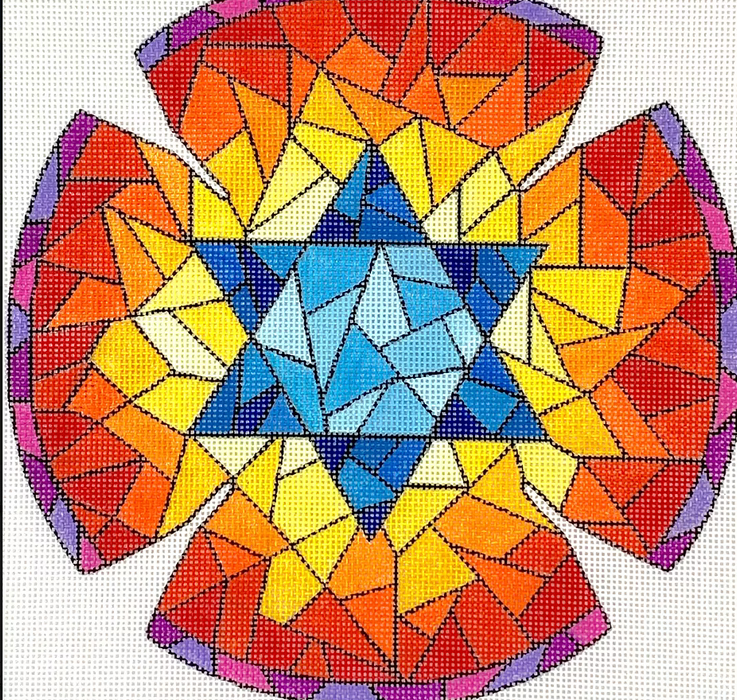 Kippah – Stained Glass w/ Star of David – blues, yellows, reds, oranges & purples w/ black