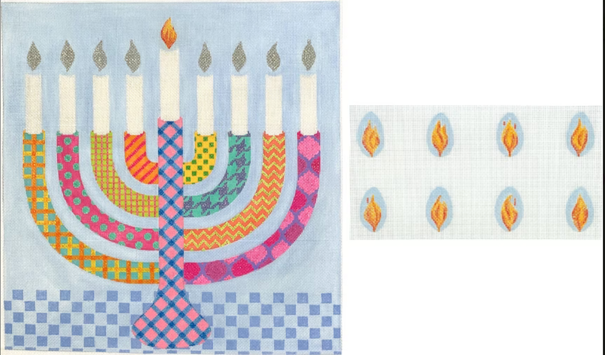 Menorah Set – Rainbow Confetti with Individual Flames – multi bright colors with silver & gold