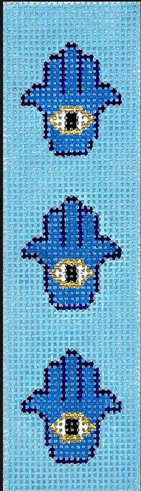 Mezuzah – Hamsa Hands – blues, gold, black & white on sky blue