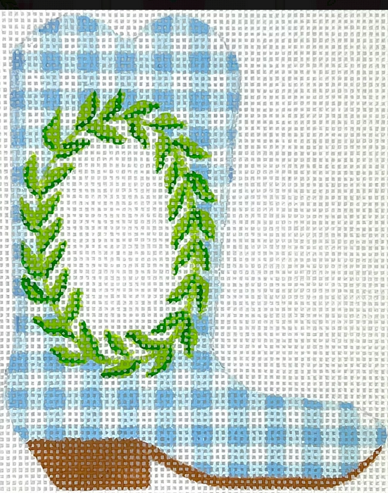 Mini Cowgirl Boot – Greenery Wreath on Blue Gingham w/ Monogram Space