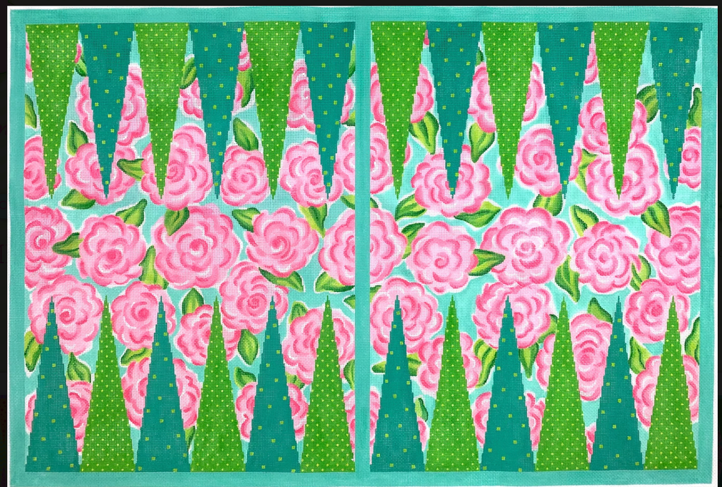 Backgammon Board Canvas – Lilly-inspired Roses – pinks, greens & turquoise
