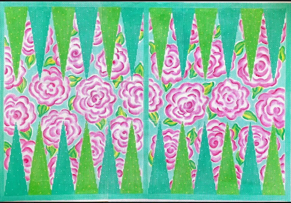 Backgammon Board Canvas – Lilly-inspired Roses – pinks, greens & turquoise 13 mesh