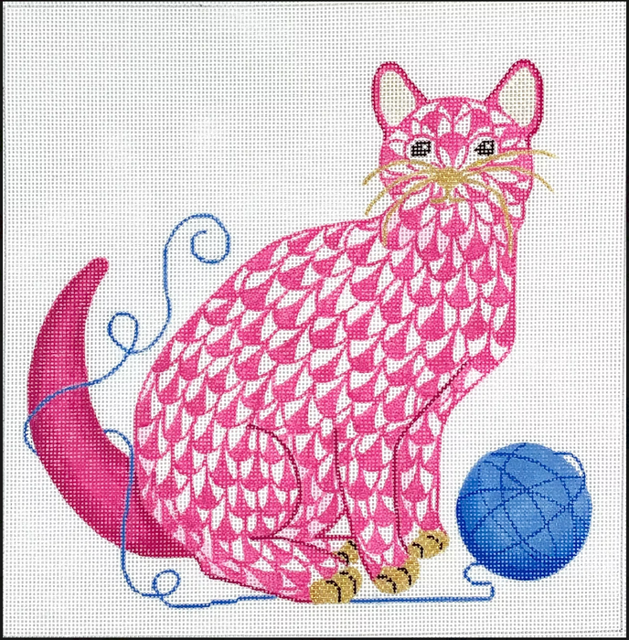 Herend-inspired Fishnet Cat w/ Ball of Yarn – pink & blue w/ gold
