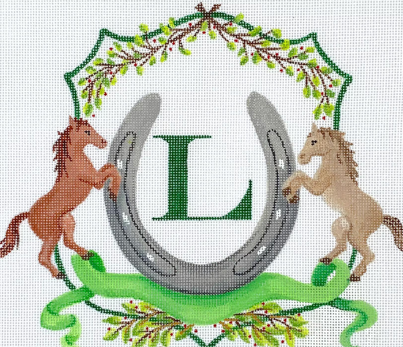 Monogram Crest – Horses, Horseshoe, Ribbon & Greenery (specify letter or blank)