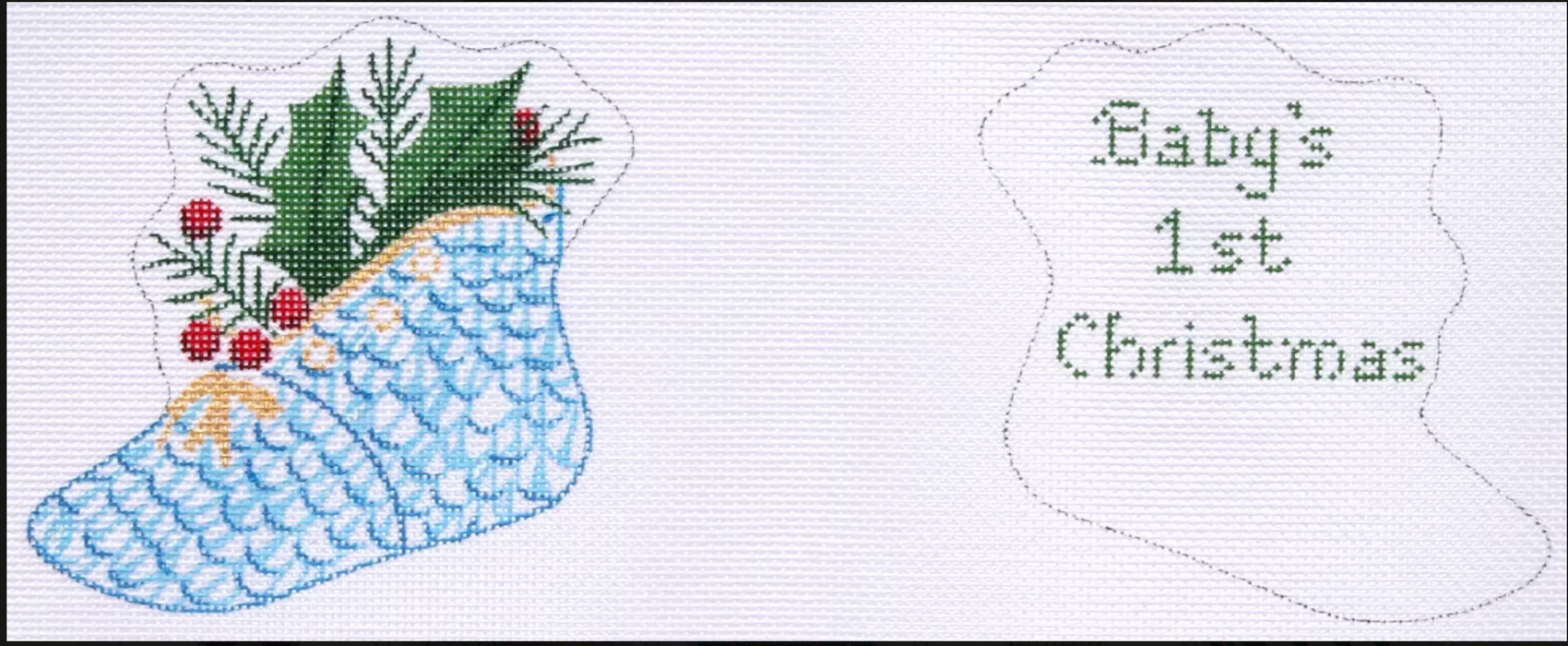 Christmas Ornament – Herend-style 2-sided Baby Shoe w/ Holly – “Baby’s First Christmas” – blues & green w/ gold