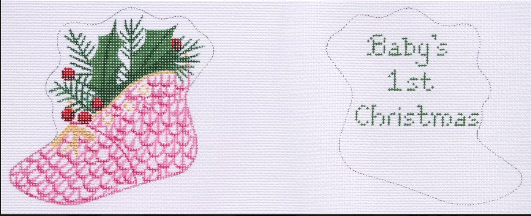 Christmas Ornament – Herend-style 2-sided Baby Shoe w/ Holly – “Baby’s First Christmas” – pinks & green w/ gold