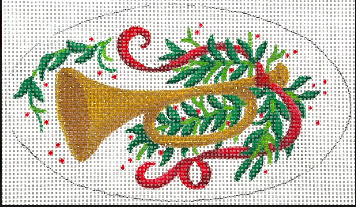 Christmas Ornament – Toy Trumpet w/ Red Ribbon & Greenery