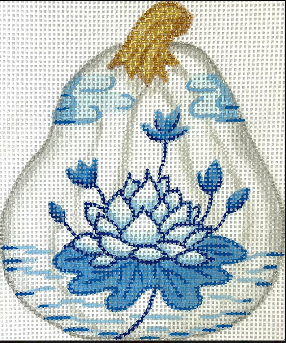 Mini Chinoiserie Pumpkin – Short Gourd Shaped w/ Lotus Flower & Clouds – white w/ blues & golds