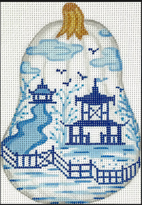 Mini Chinoiserie Pumpkin – Tall Gourd Shaped w/ Pagodas & Fence – white w/ blues & golds