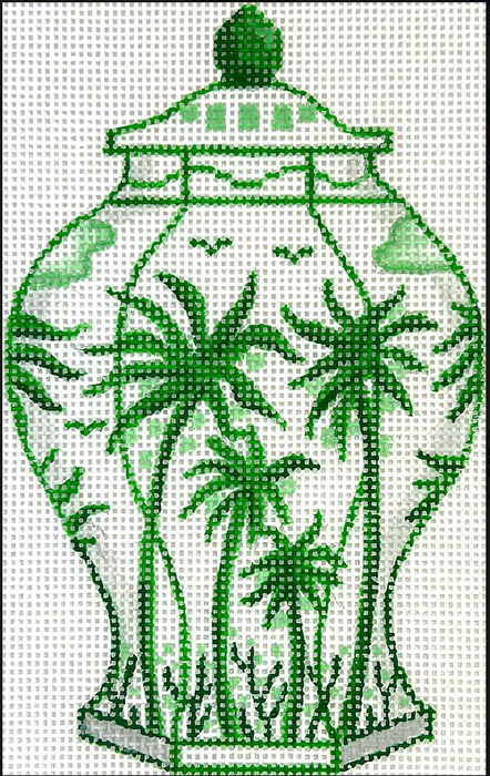 Mini Chinese Vase – Tall Green & White w/ Palm Trees & Coconuts