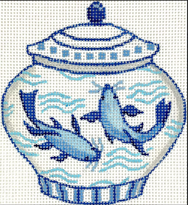Mini Chinese Vase – Short Blue & White w/ Koi Fish