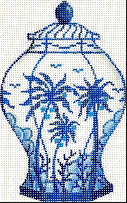 Mini Chinese Vase – Tall Blue & White w/ Palm Trees
