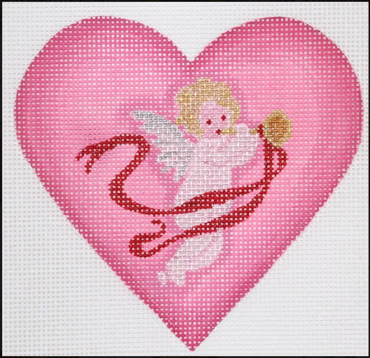 Valentine Mini Heart – Cherub With Horn & Ribbon – pinks, red, silver & gold