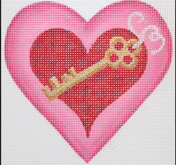 Valentine Mini Heart – Heart With Key & Ribbon – pinks, red, silver & gold