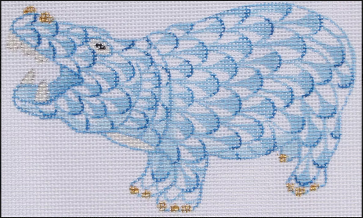 Mini Herend-style Hippo – blue w/ gold