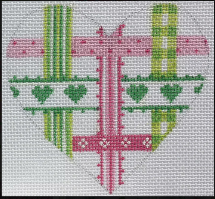Mini Heart – Woven Ribbons – pinks & greens (July) (stitch guide in notebook)