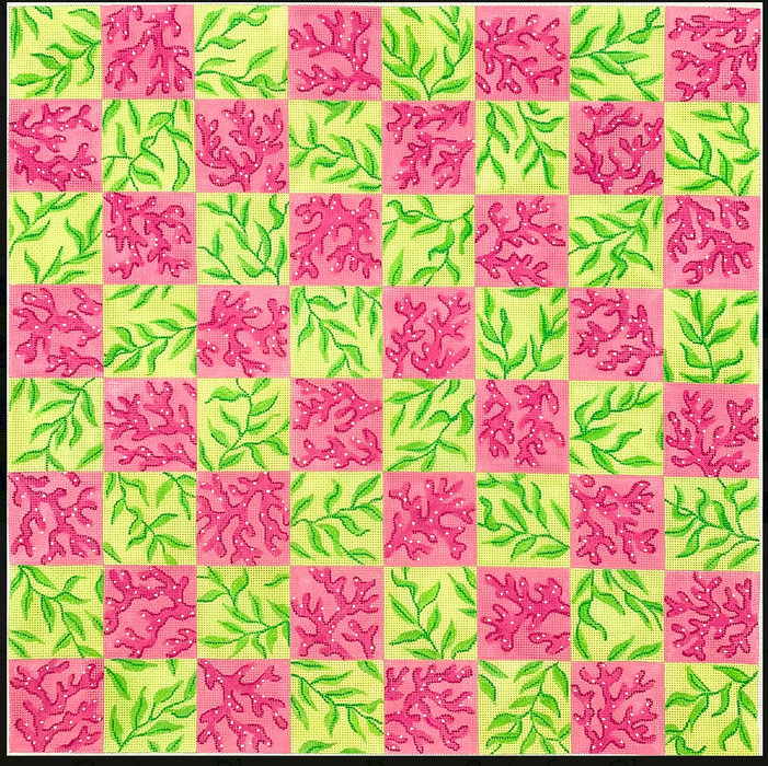 Chess/Checkers Board – Lilly-inspired Coral & Vines – pinks & greens