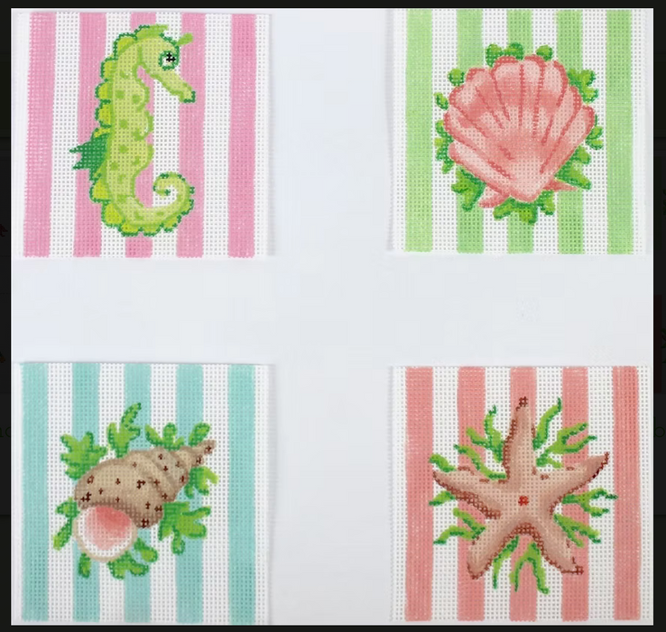 Set of 4 Planet Earth Coaster Inserts – Sea Creatures on Pastel Cabana Stripes