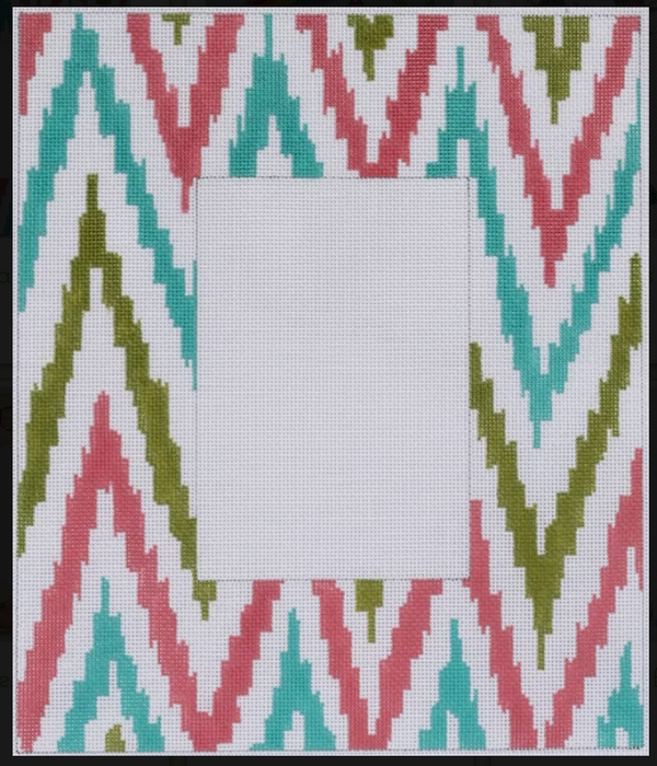 Frame – Large Ikat Zigzag – coral, turquoise, green on white