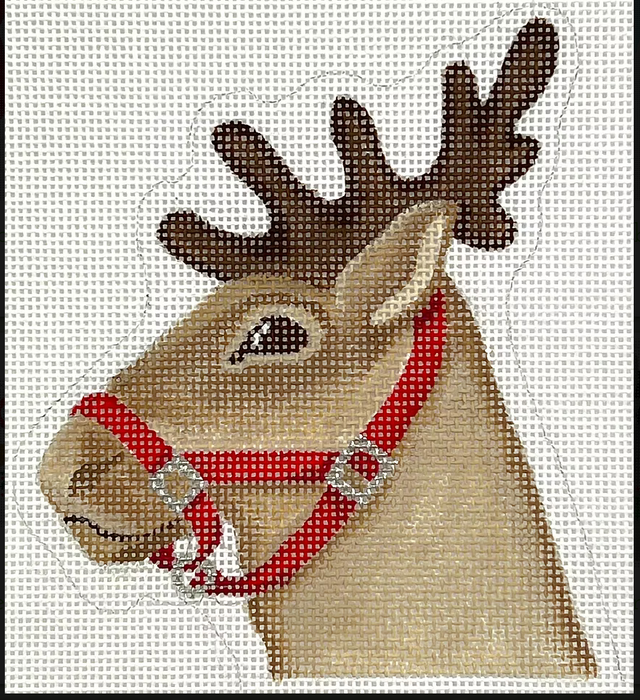 Christmas Ornament – Reindeer w/ Holly Candy Cane Holder – tans & brown