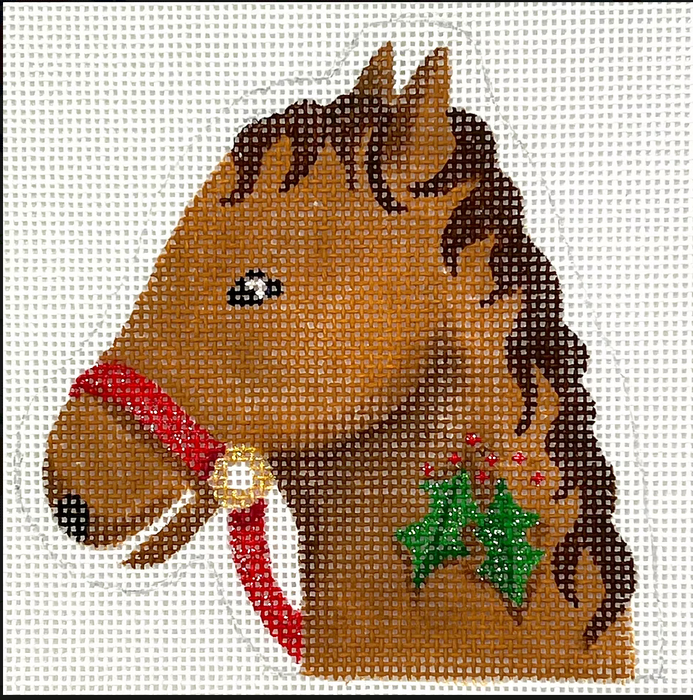 Christmas Ornament – Horse w/ Holly Candy Cane Holder – tan & brown