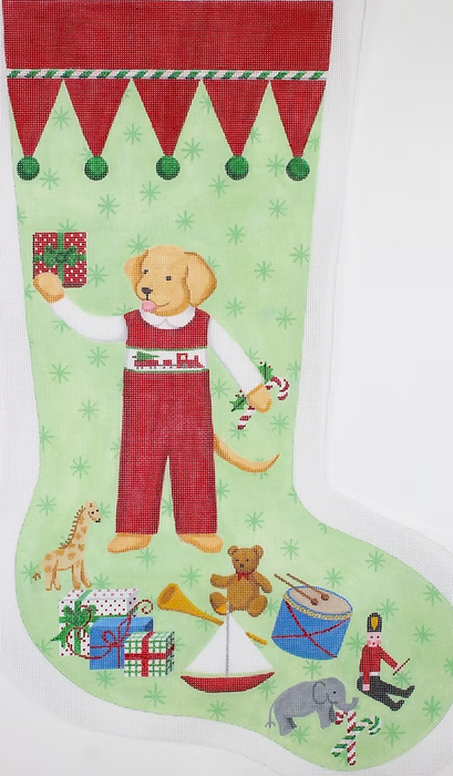 Kelly Rightsell Stocking – Yellow Dog Boy in Red Overalls