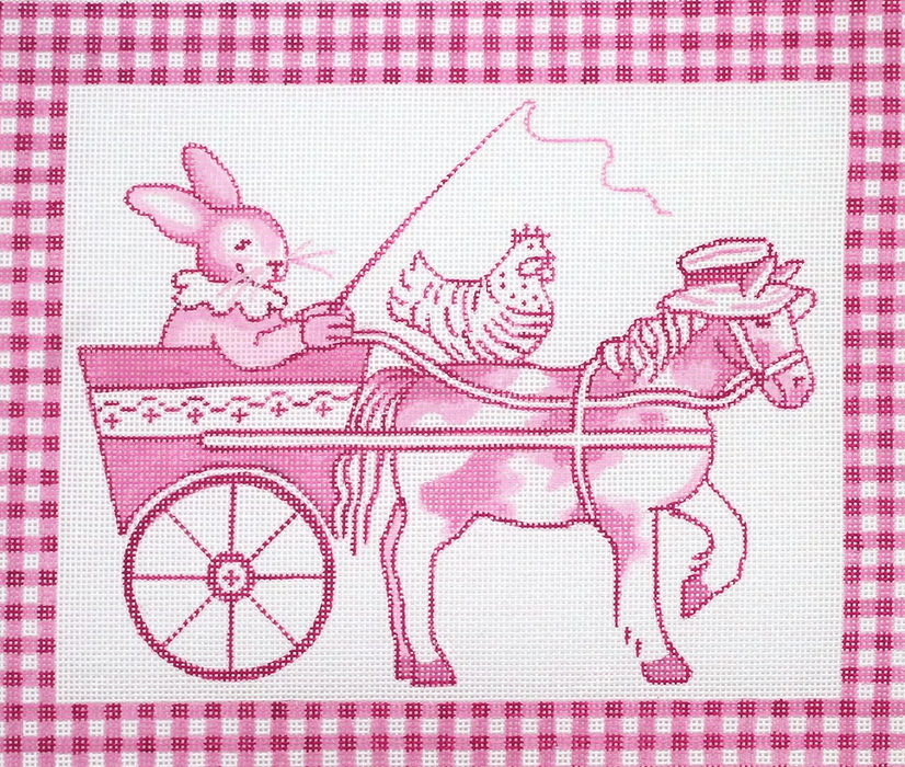 Kelly Rightsell – Pink Toile Bunny in Cart with Horse & Hen, Pink Gingham Border