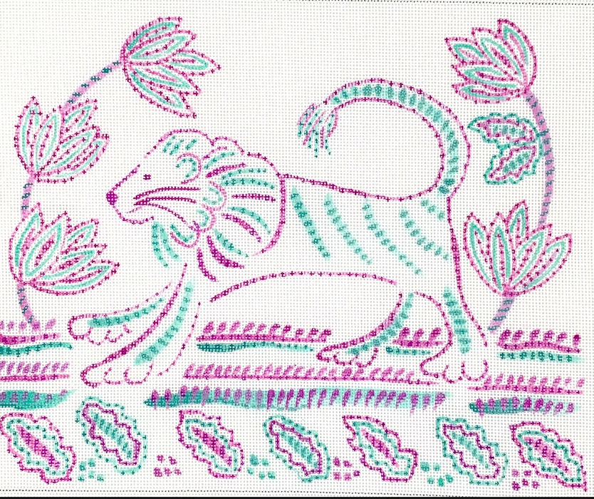 Jilly Walsh – Indian Textile-inspired Lion w/ Tulips & Leaves