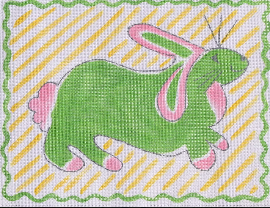 Jilly Walsh Rabbit – pink & green on yellow stripes
