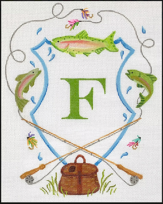 Monogram Crest – Bamboo Fly Fishing Rods, Flies, Rainbow Trout & Wicker Creel (specify letter or blank)