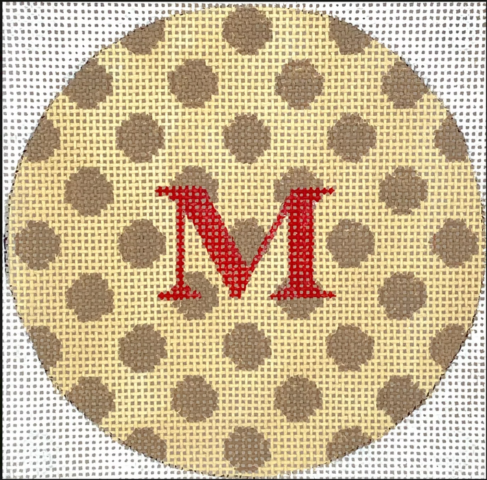 Planet Earth & Lee 4” Round – Polka Dots – tans w/ red letter (specify monogram or blank)