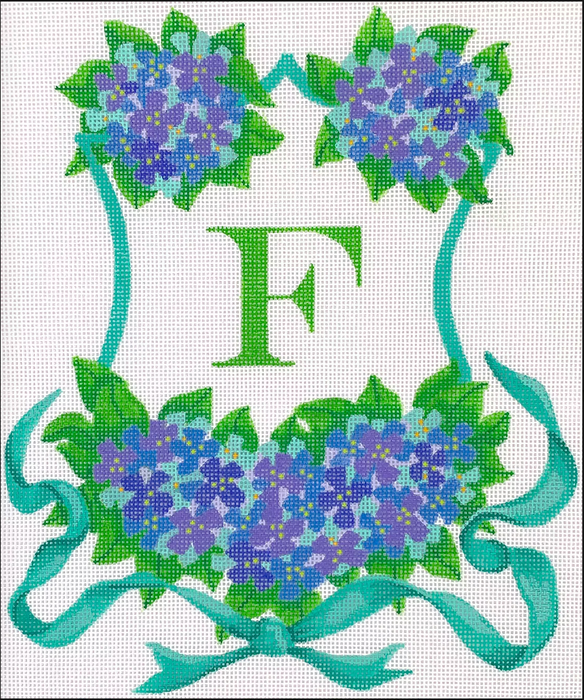 Monogram Crest – Hydrangeas & Ribbon – blues, lavenders, turquoise (specify letter or blank)