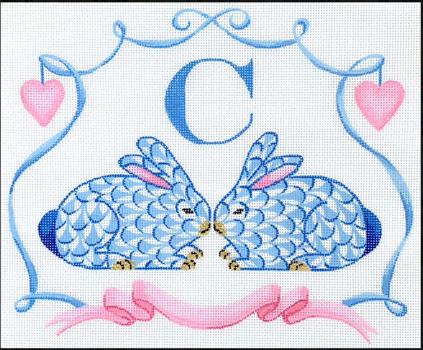 Monogram Crest – Fishnet Crouching Bunnies w/ Hearts & Ribbon – blues w/ pinks