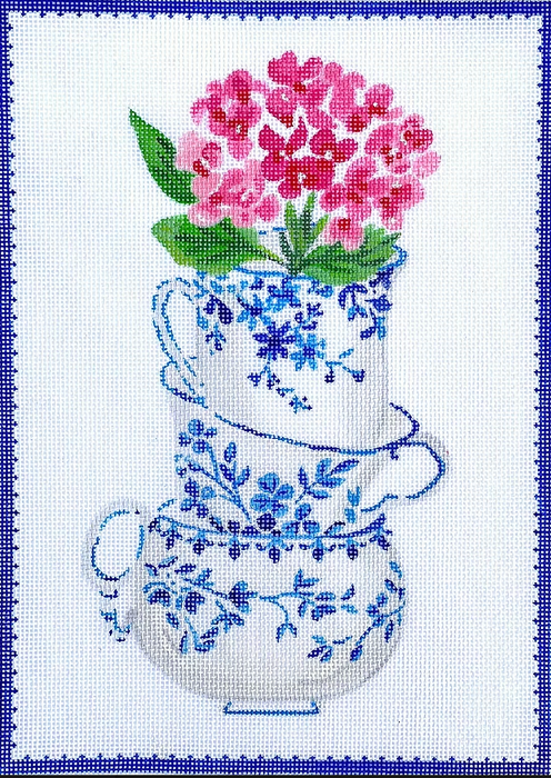 Lindsay Brackeen – Blue & White Stacked Teacups with Pink Flowers