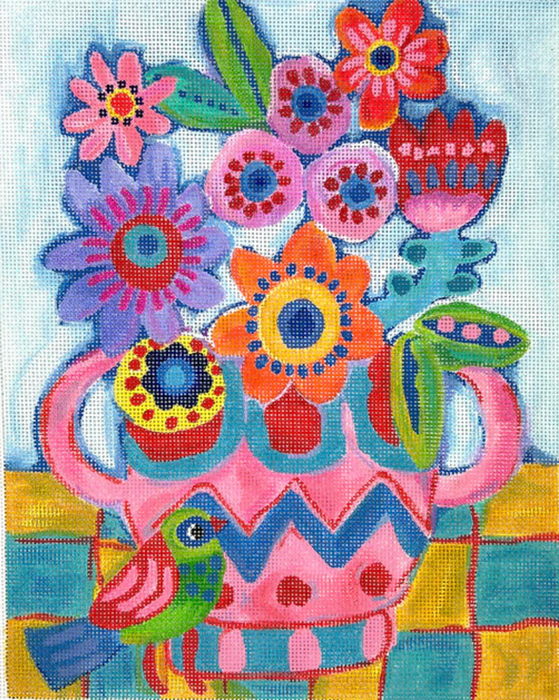 Julia Eves – Flowers in Pink & Blue Vase w/ Green Bird