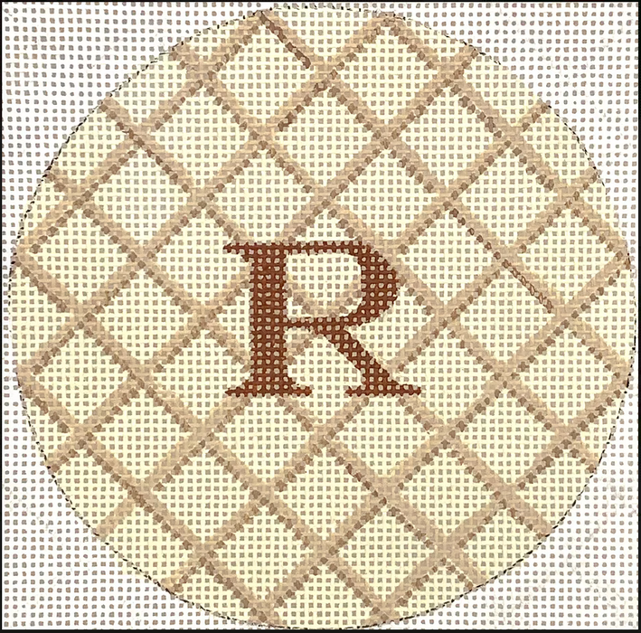 Planet Earth & Lee 4” Round – Criss Cross Lattice – tans w/ brown letter (specify monogram or blank)