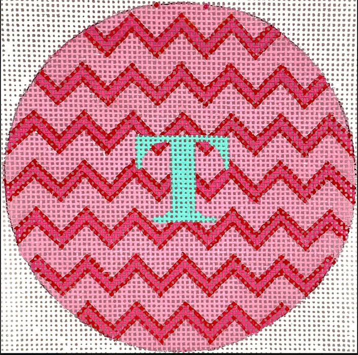 Planet Earth & Lee 4” Round – Zigzag – pinks & red w/ turquoise letter (specify monogram or blank)