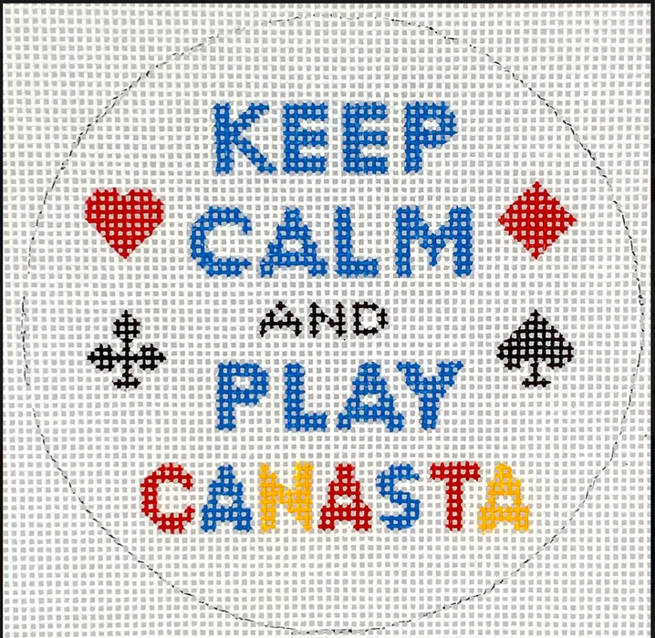 Planet Earth & Lee 4” Round – Keep Calm & Play Canasta – red, black, yellow & blue on white