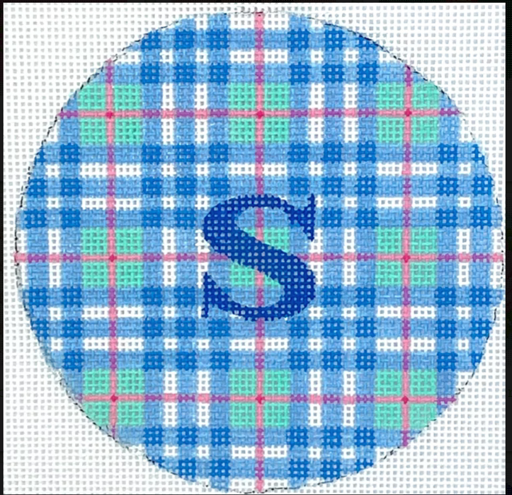 Planet Earth & Lee 4” Round – Madras Plaid – turquoise, blue & pink w/ blue letter